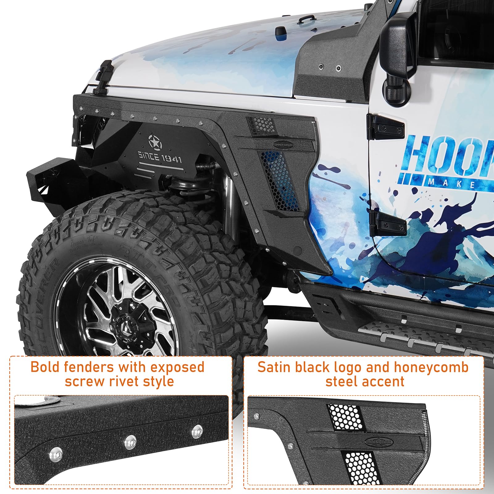 「191」07-18ラングラーJK用ポケット/リベットスタイルフェンダーフレア Hooke Road Bulwark JK Front Fender Flares w/Turn Signal Lights for